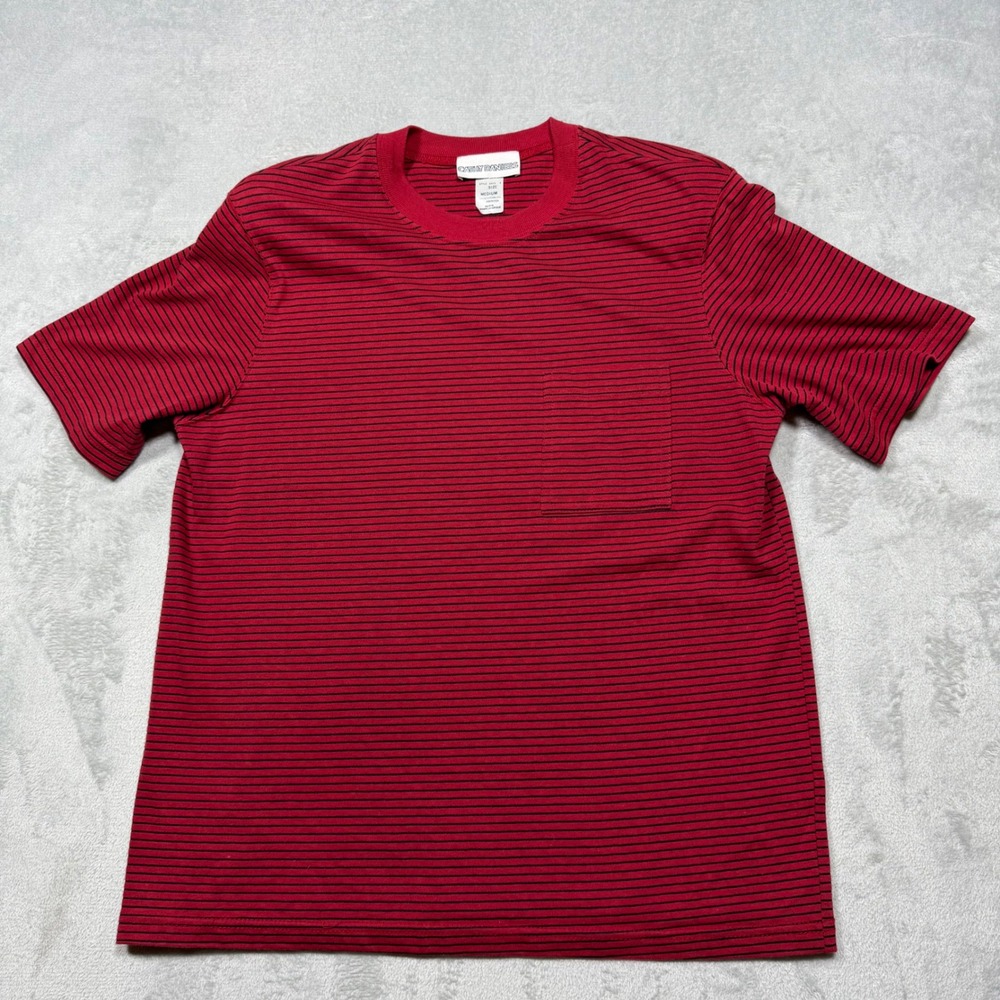 Vintage 90s Red Black Cotton Blend Striped Pocket T-Shirt Medium Casual Classic
